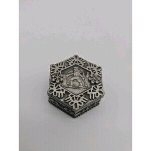 Vintage Ms Dee Pewter Skier Trinket Box w/ Snowflake Brooch & Earrings #20